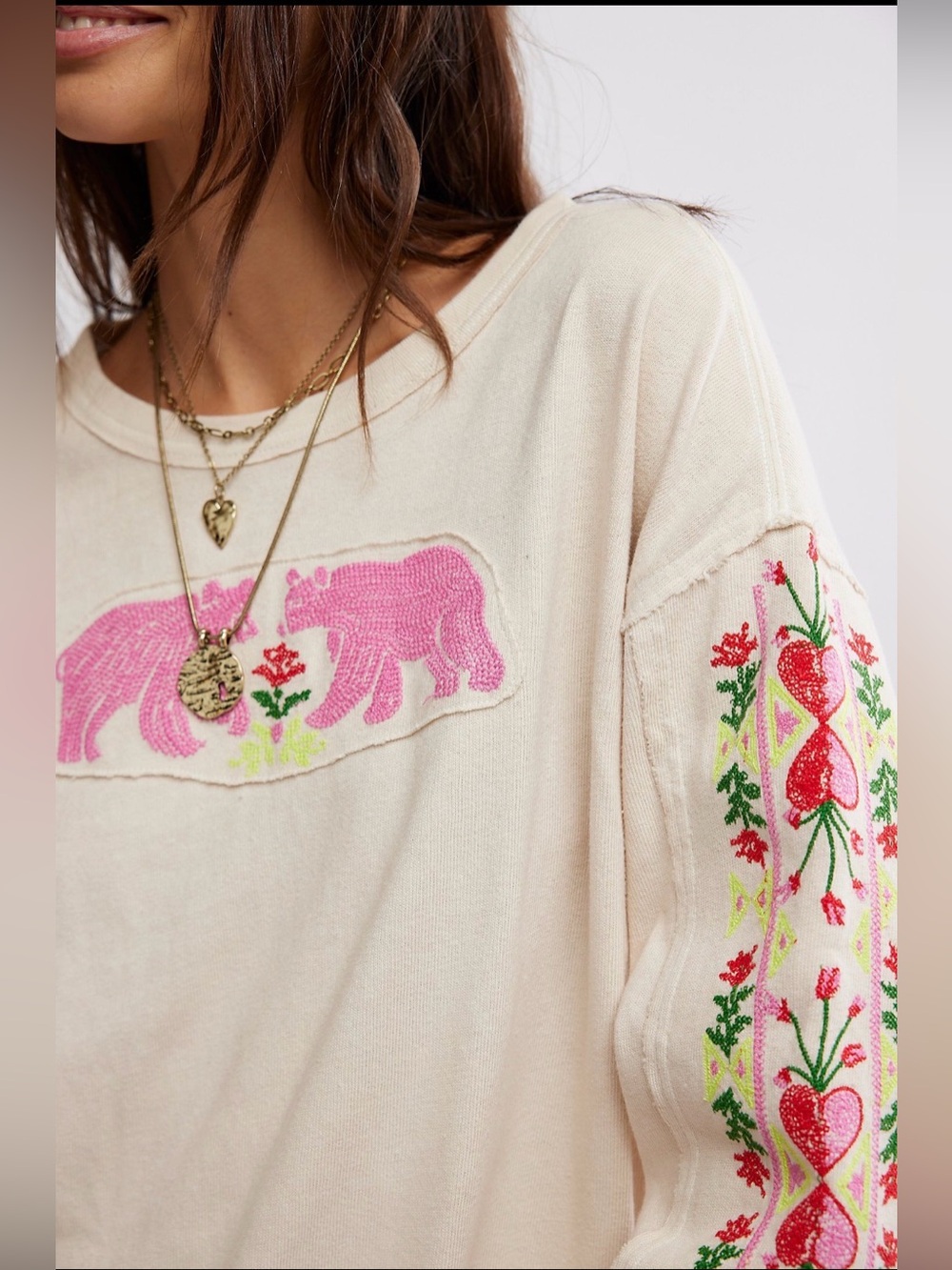 Free People All My Heart Tee in ivory Embroidered Bear Crewneck Sweatshirt - Picture 3 of 12